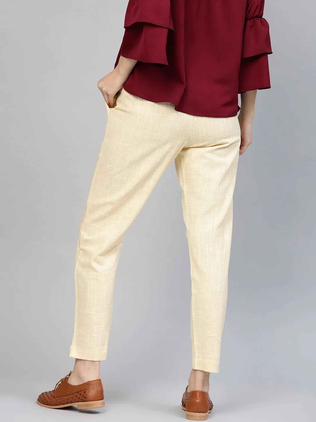 Light Yellow Solid Cotton Slub Straight Pants