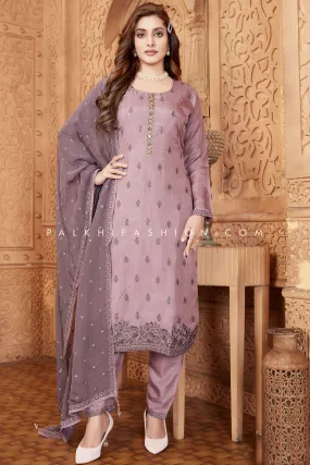 Lilac Silk Straight Cut Suit with Exquisite Sequin Embroidery