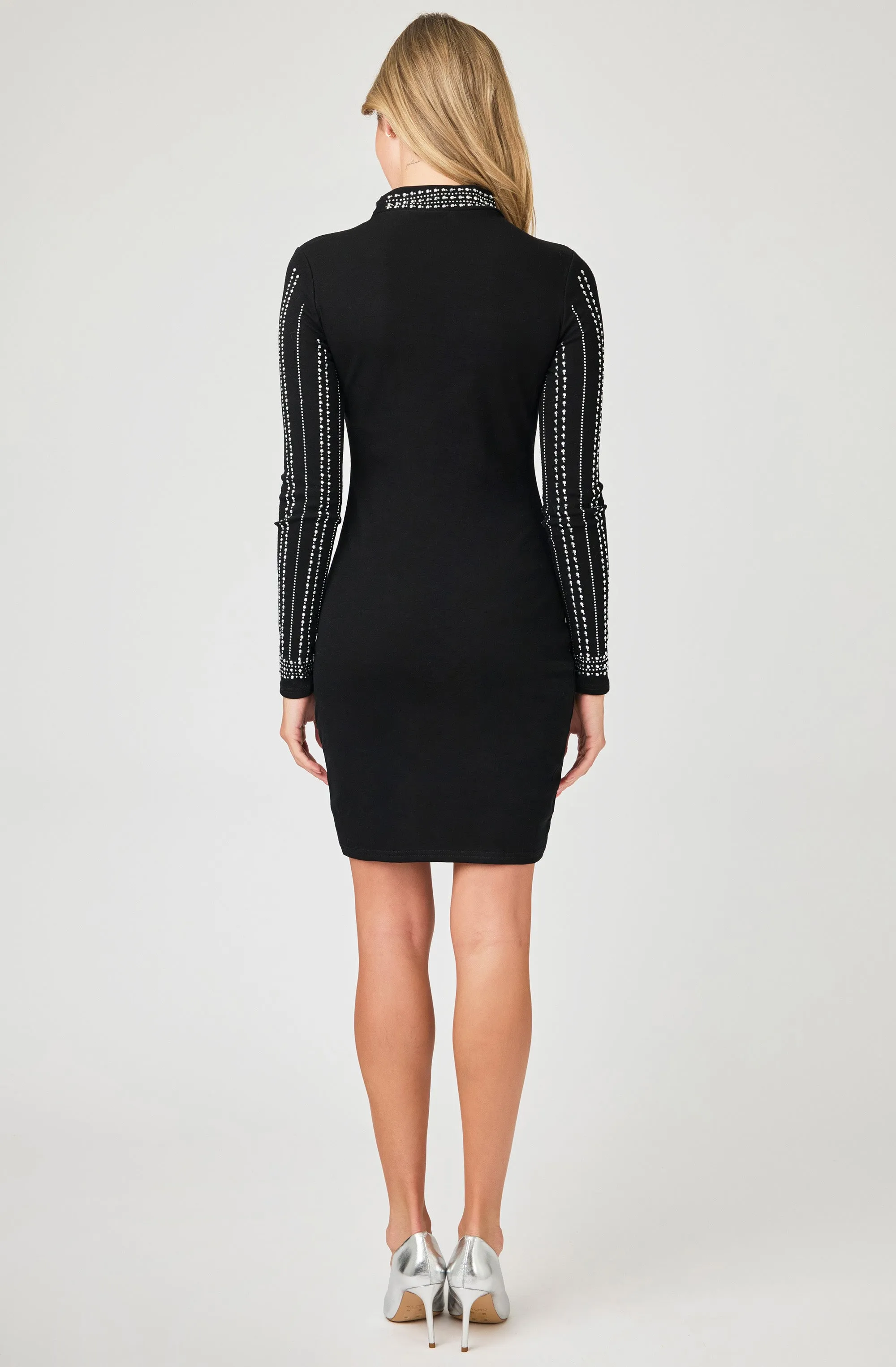 Long Sleeve Rhinestone Fitted Dress with mock turtleneck