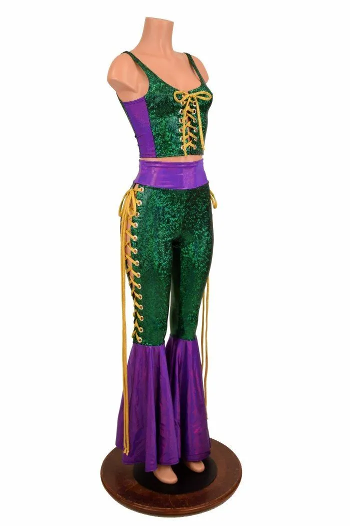 Mardi Gras 2PC Lace Up Top and Bell Bottom Pants Set