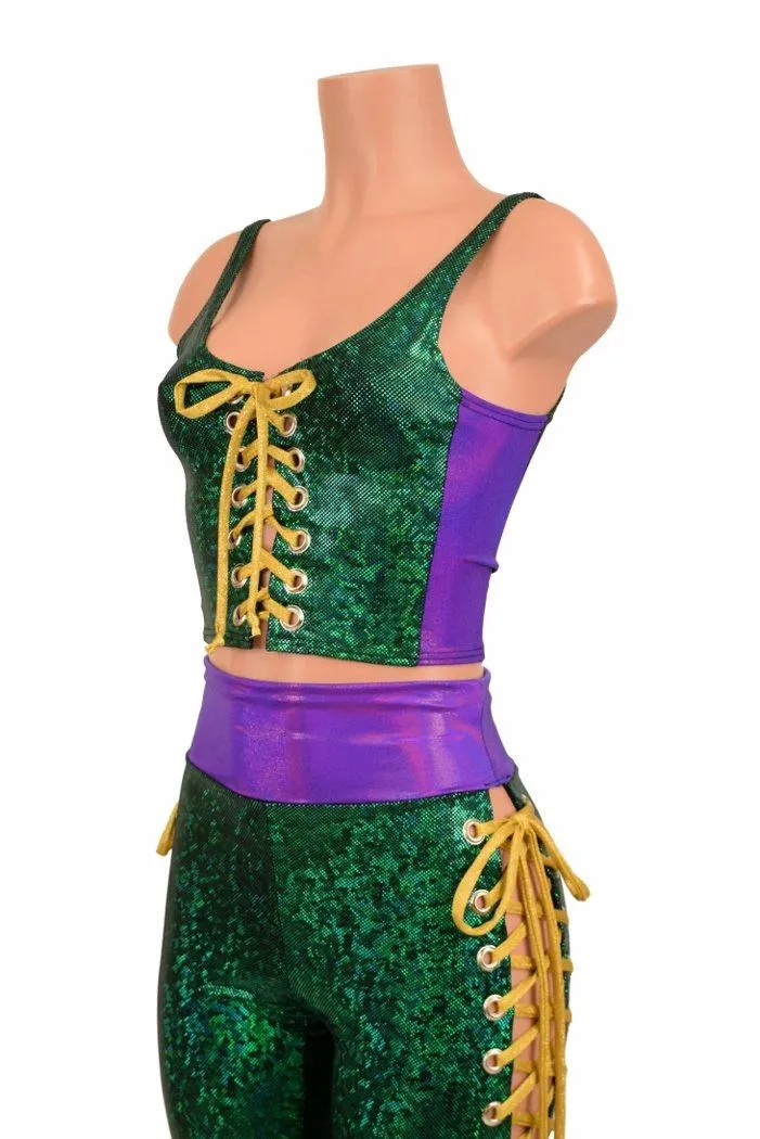 Mardi Gras 2PC Lace Up Top and Bell Bottom Pants Set