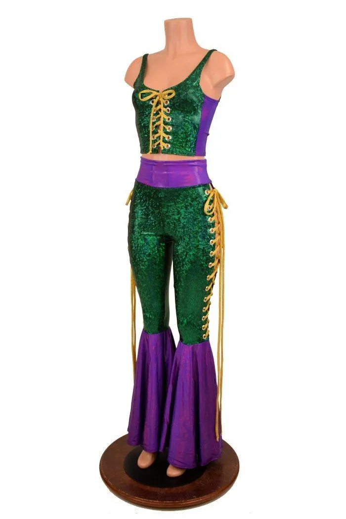 Mardi Gras 2PC Lace Up Top and Bell Bottom Pants Set