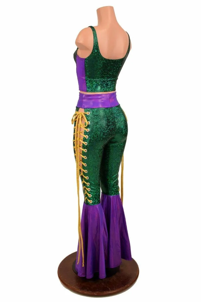 Mardi Gras 2PC Lace Up Top and Bell Bottom Pants Set