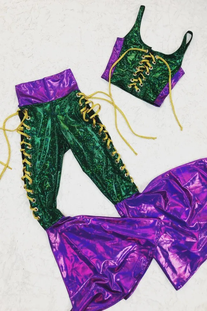 Mardi Gras 2PC Lace Up Top and Bell Bottom Pants Set