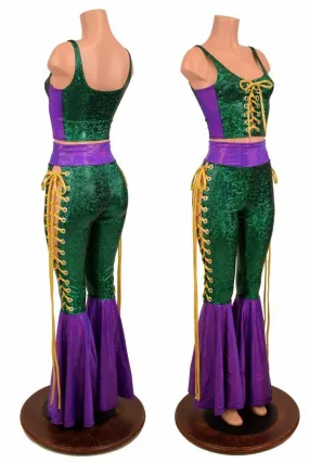 Mardi Gras 2PC Lace Up Top and Bell Bottom Pants Set