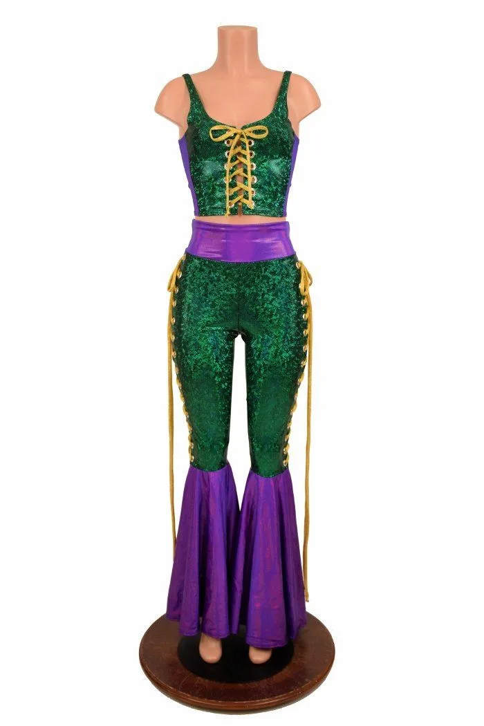 Mardi Gras 2PC Lace Up Top and Bell Bottom Pants Set