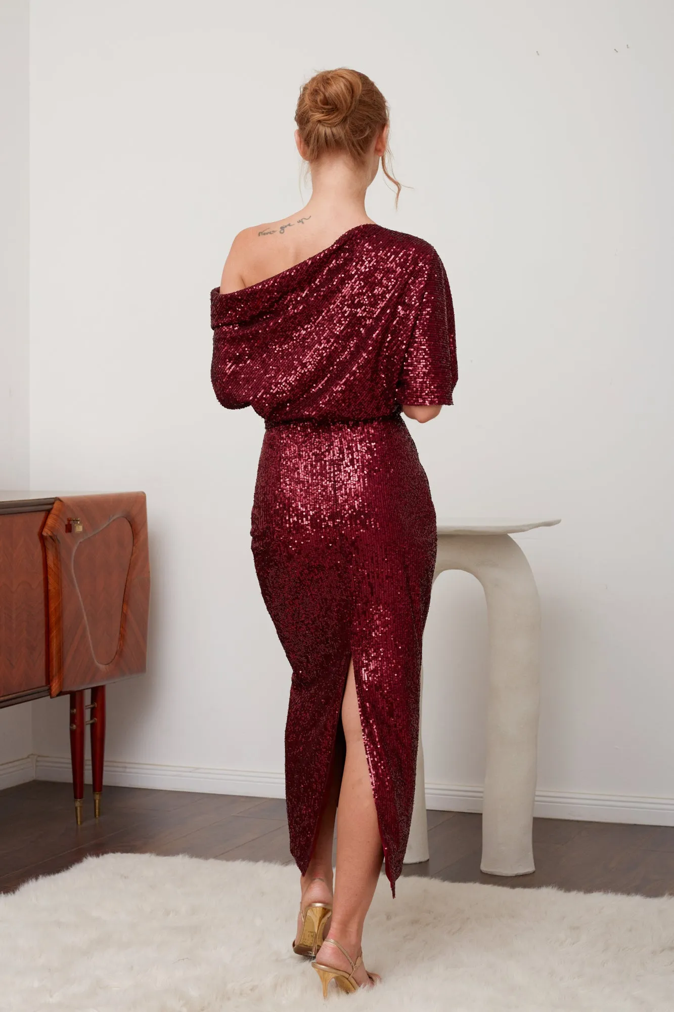 MARGO deep red sequin asymmetric cocktail dress