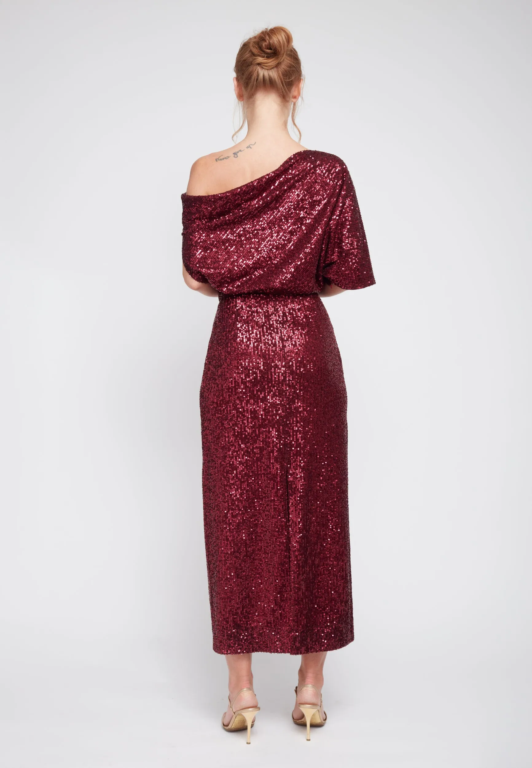 MARGO deep red sequin asymmetric cocktail dress