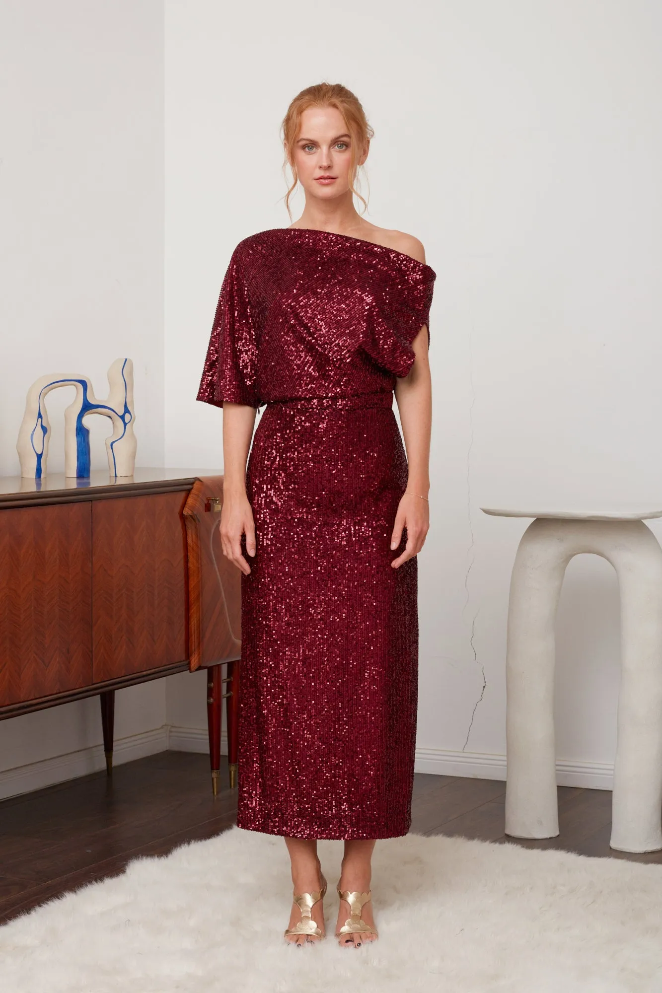 MARGO deep red sequin asymmetric cocktail dress