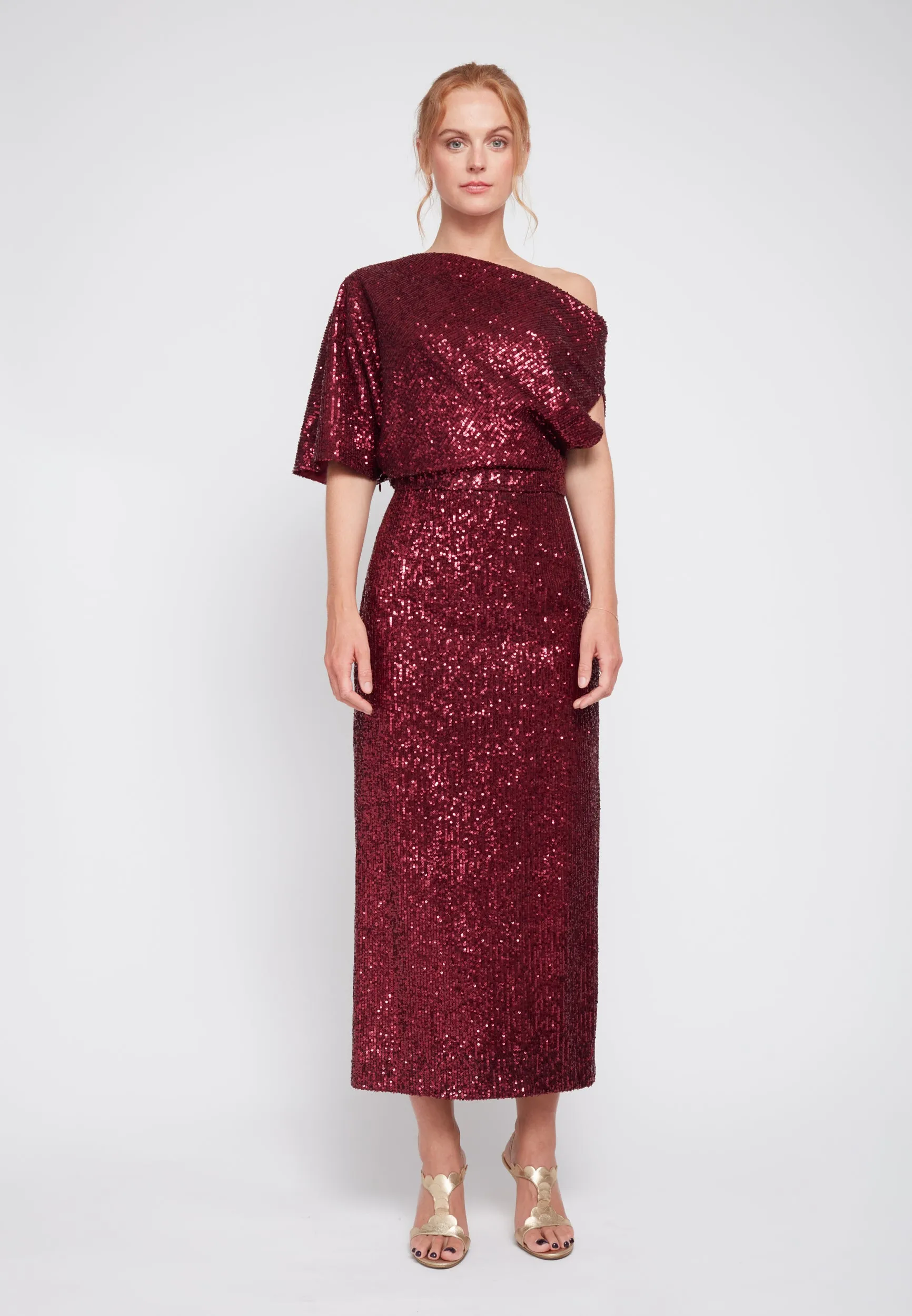 MARGO deep red sequin asymmetric cocktail dress