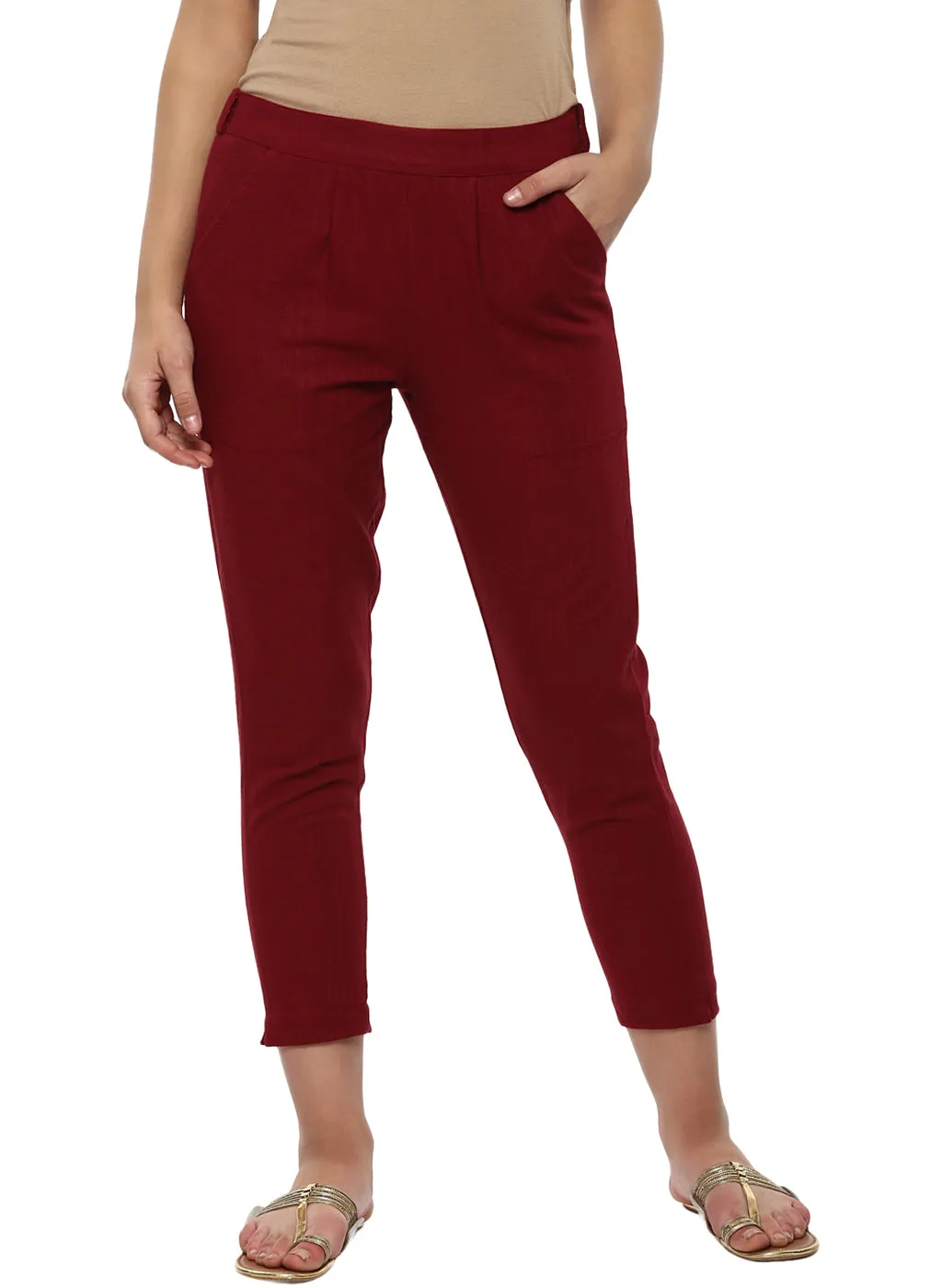 Maroon Solid Cotton Slub Straight Pants