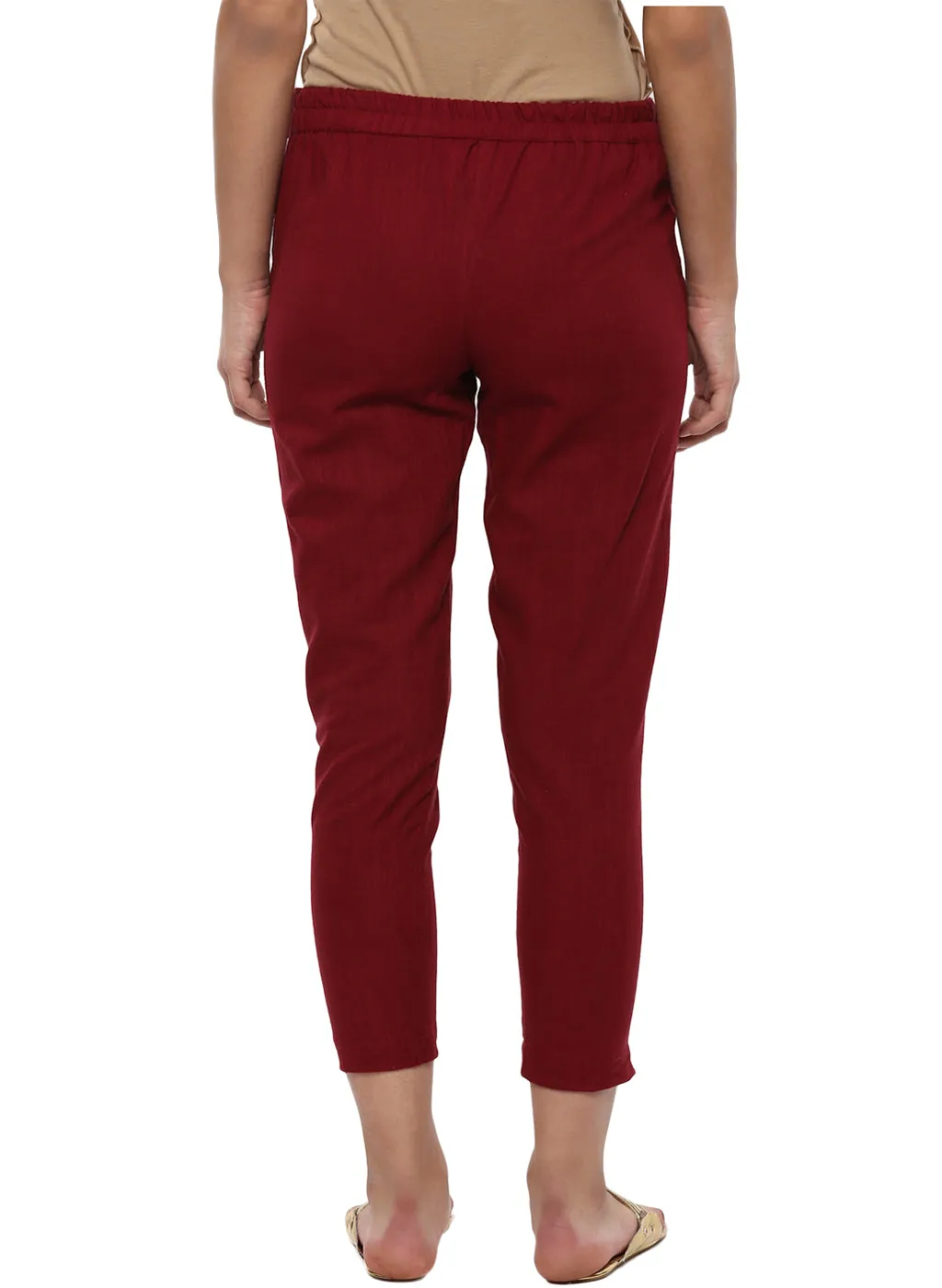 Maroon Solid Cotton Slub Straight Pants