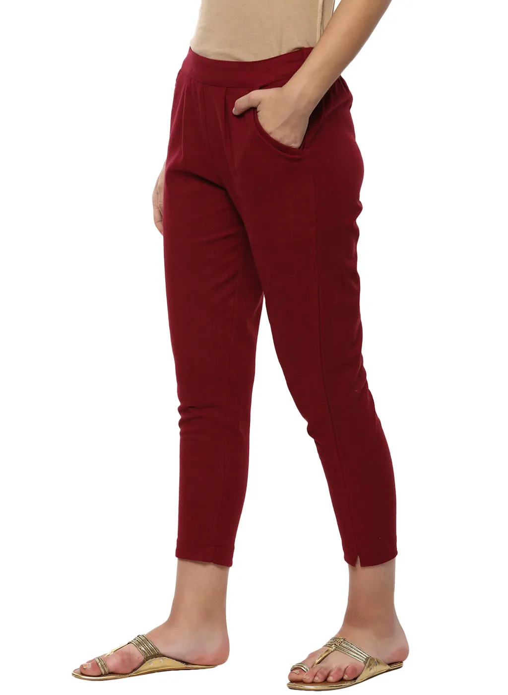 Maroon Solid Cotton Slub Straight Pants