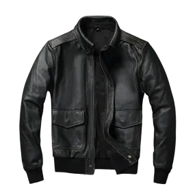 Mens A2 Flight Aviator Cowhide Leather Black Bomber Jacket