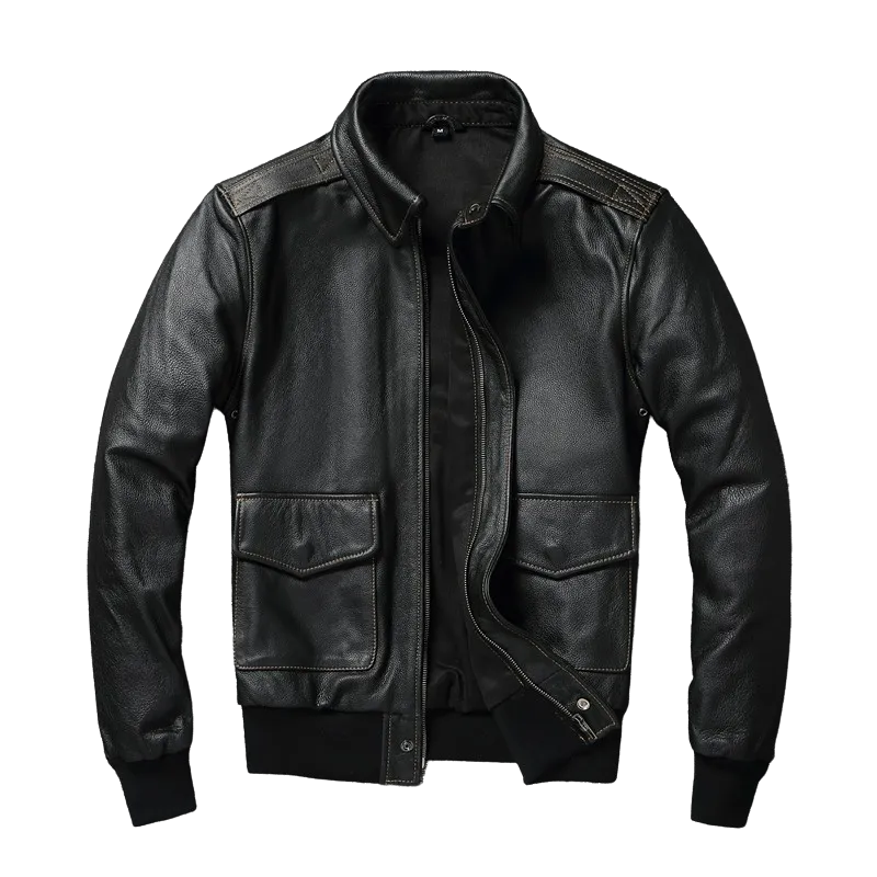 Mens A2 Flight Aviator Cowhide Leather Black Bomber Jacket