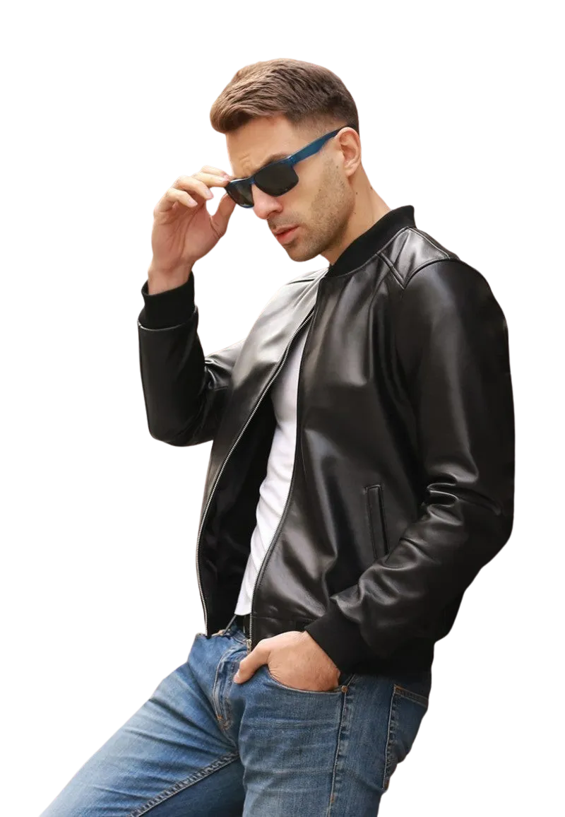 Mens Ace Genuine Real Leather Bomber Jacket