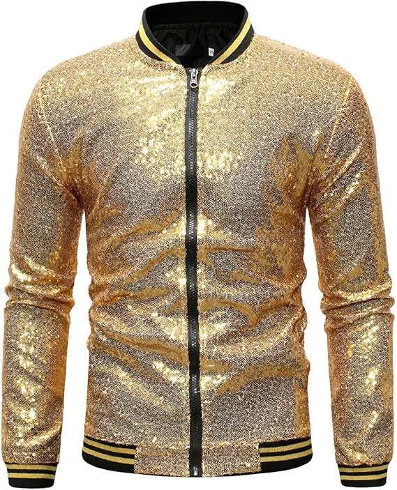 Men's Glitter Sequin Zip Up Silver Bomber Jacket