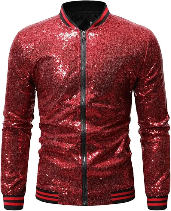 Men's Glitter Sequin Zip Up Silver Bomber Jacket