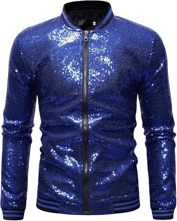 Men's Glitter Sequin Zip Up Silver Bomber Jacket