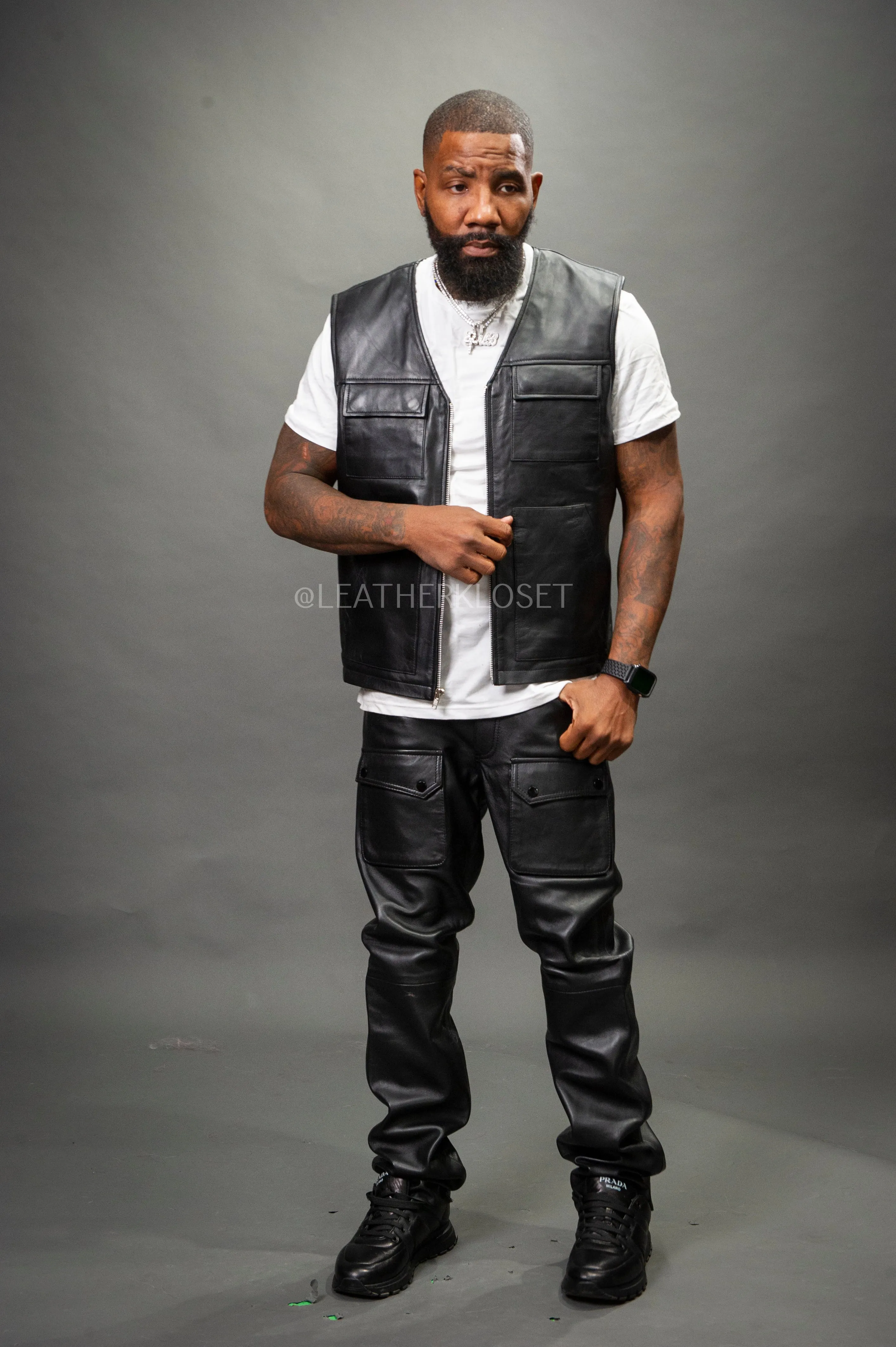 Men's Leather Brooklyn Vest With Leather Cargo Pants [Black]