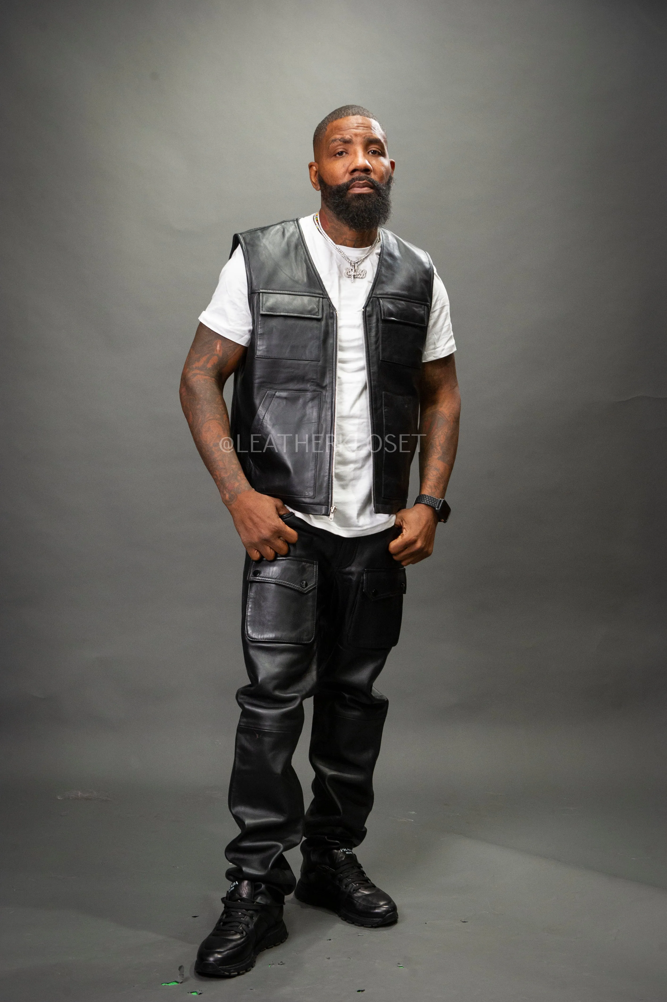 Men's Leather Brooklyn Vest With Leather Cargo Pants [Black]