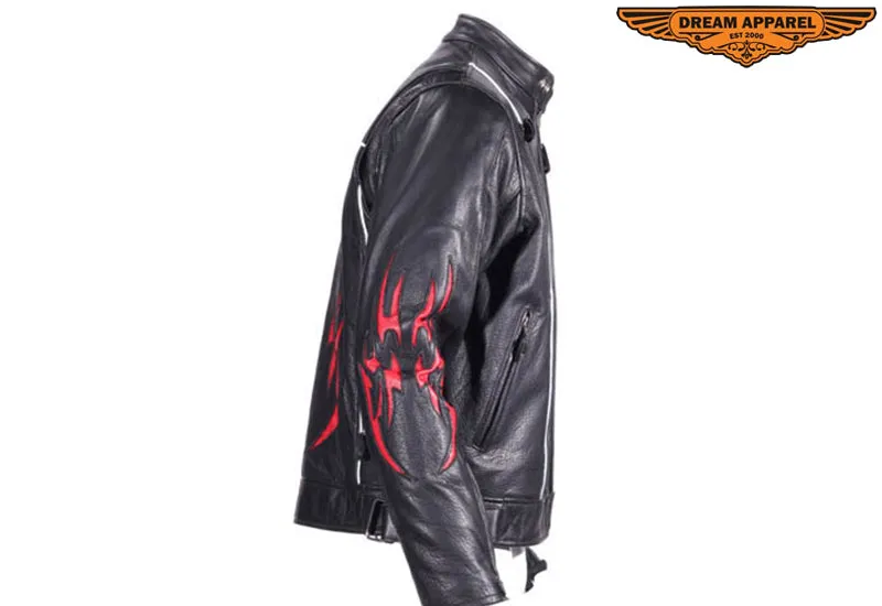 Mens Leather Racer Motorcycle Jacket With Flames