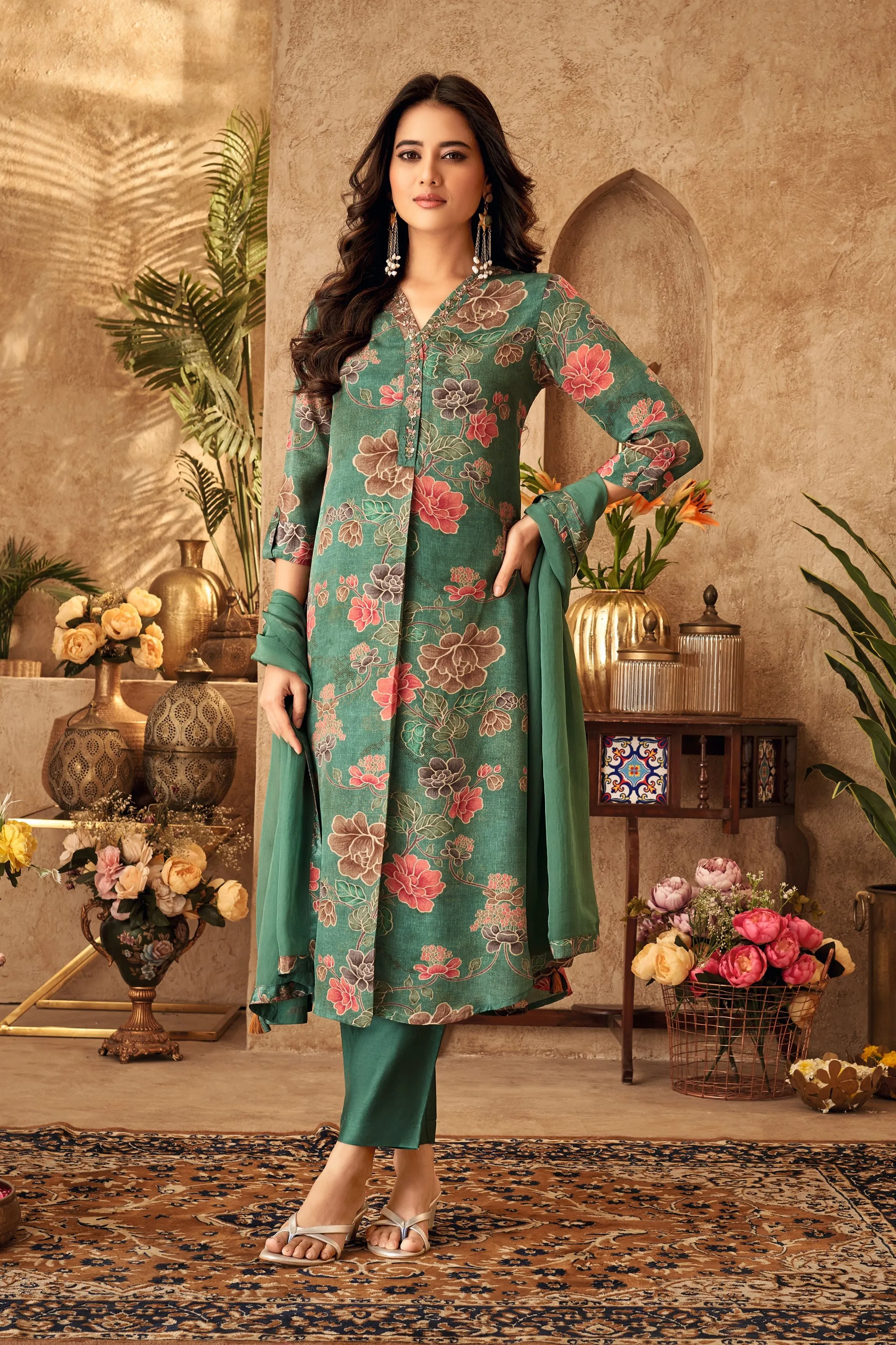 Mint Green Floral Printed Dola Silk Kurta Pants Set