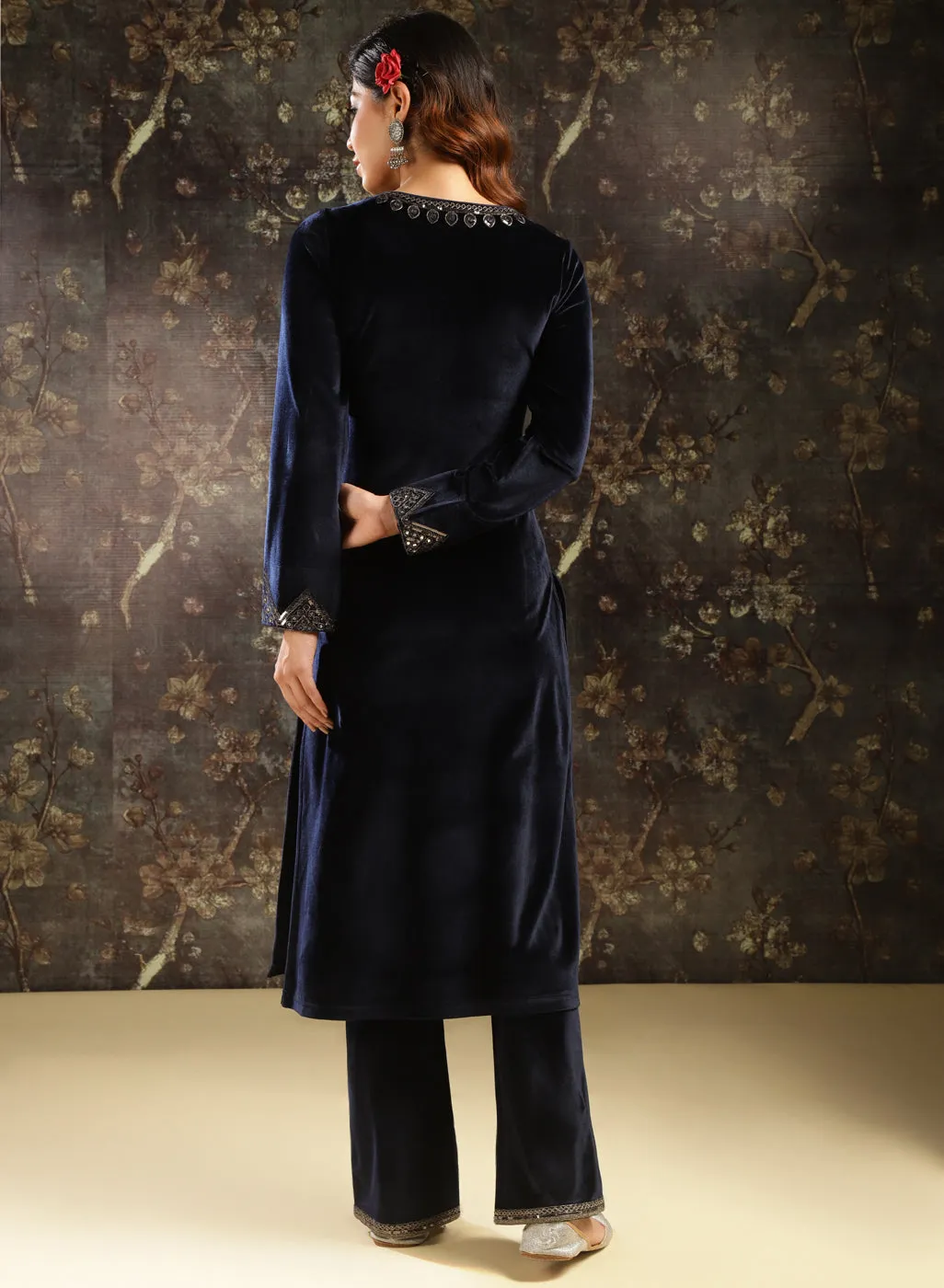 Navy Blue Embroidered Velvet Kurta Set for Women