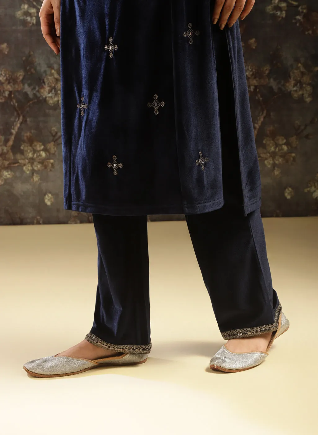 Navy Blue Embroidered Velvet Kurta Set for Women