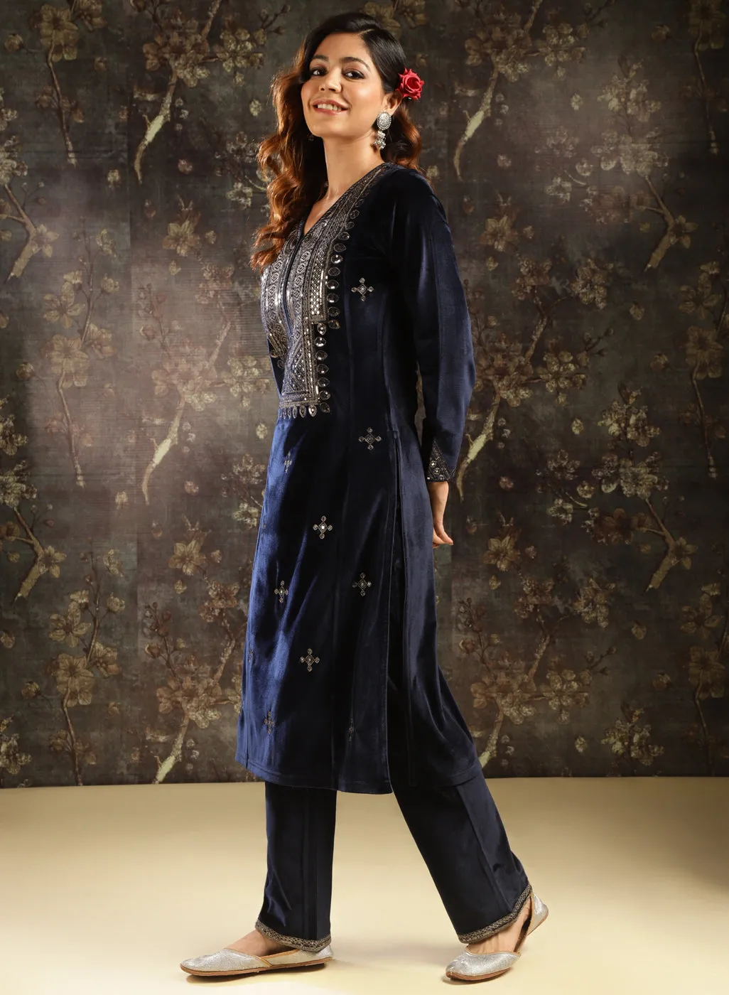 Navy Blue Embroidered Velvet Kurta Set for Women