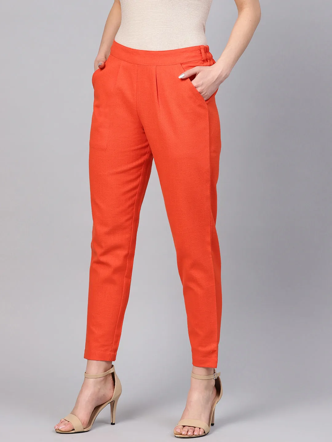 Orange Solid Cotton Slub Straight Pants