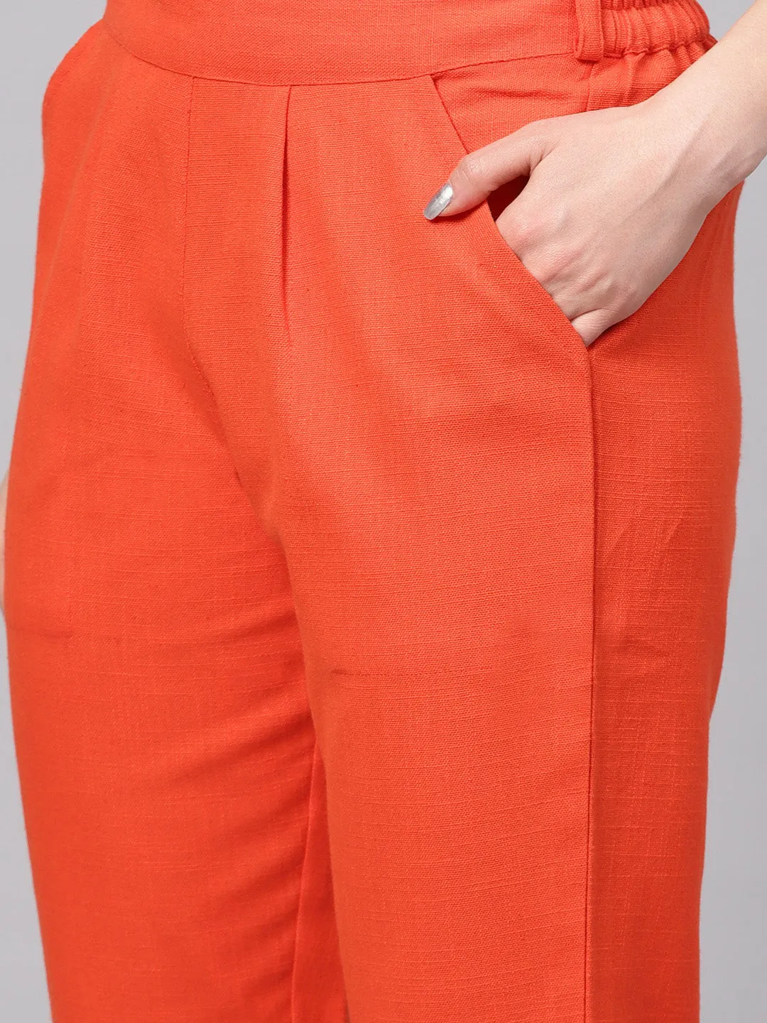 Orange Solid Cotton Slub Straight Pants