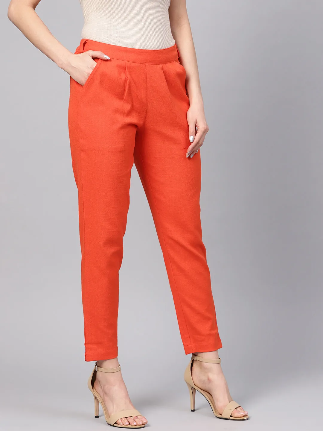 Orange Solid Cotton Slub Straight Pants