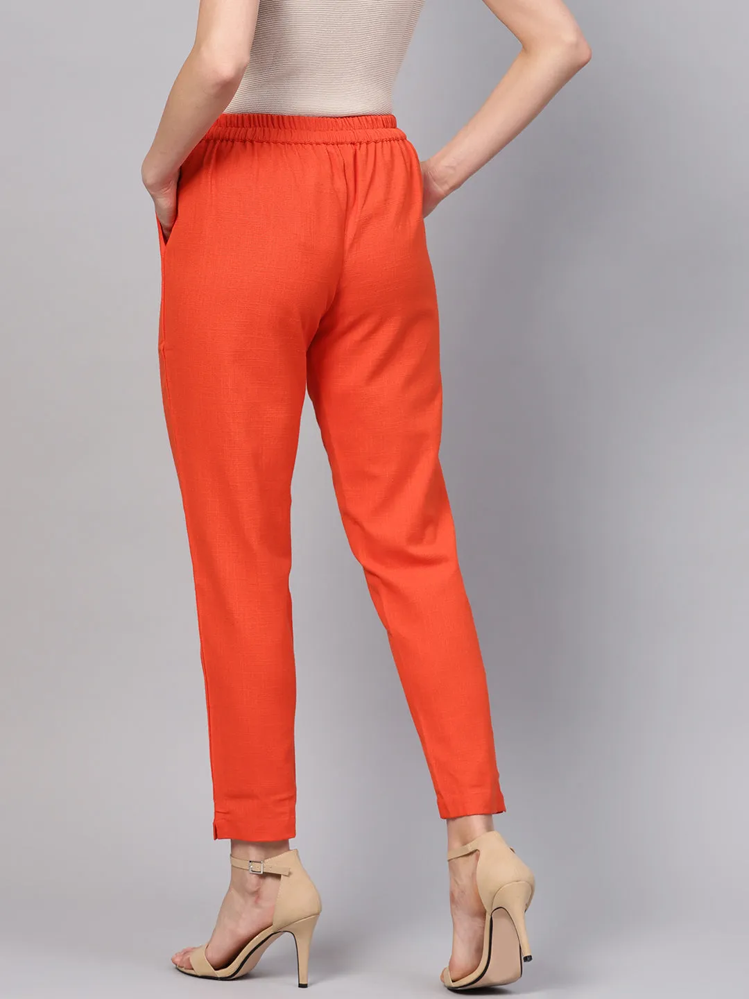 Orange Solid Cotton Slub Straight Pants