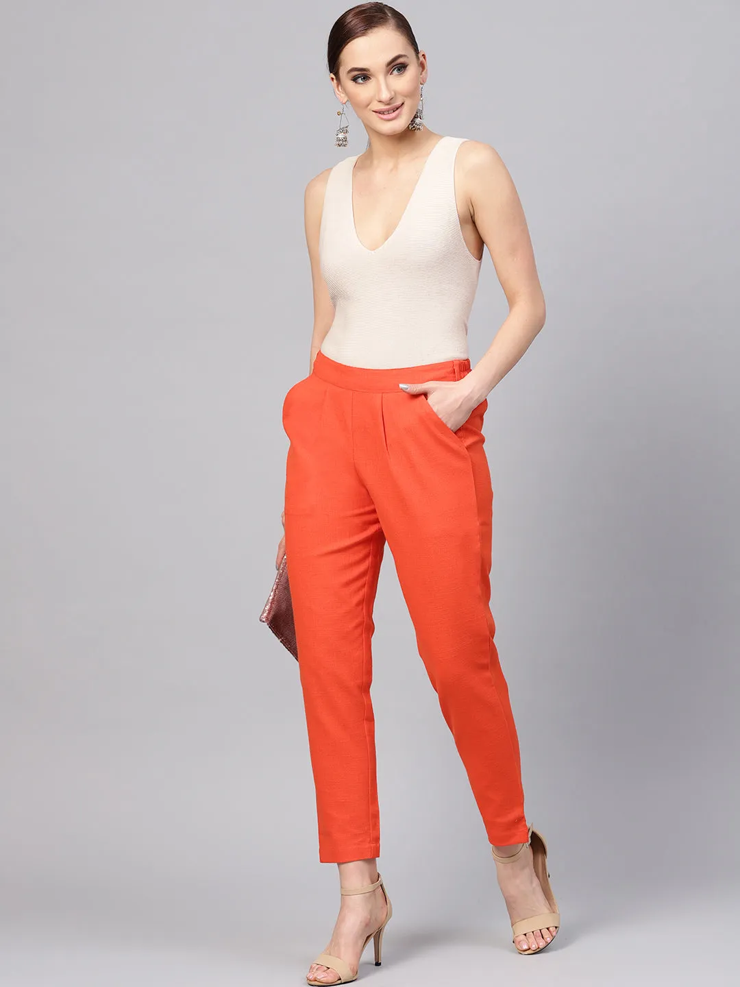 Orange Solid Cotton Slub Straight Pants