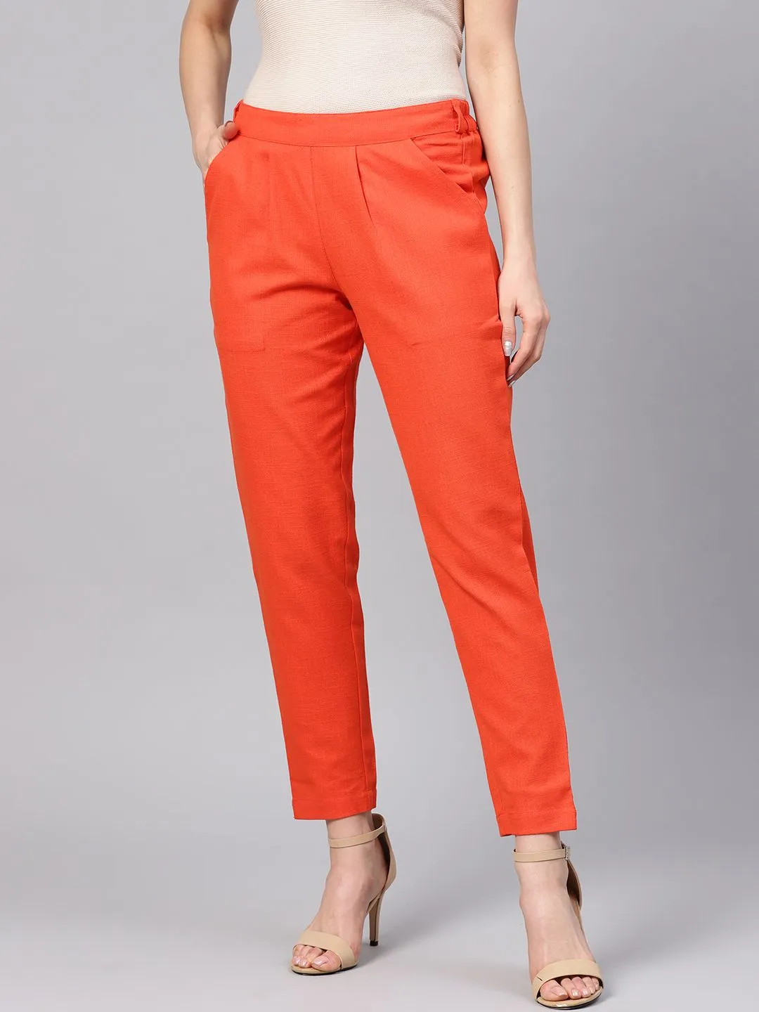 Orange Solid Cotton Slub Straight Pants