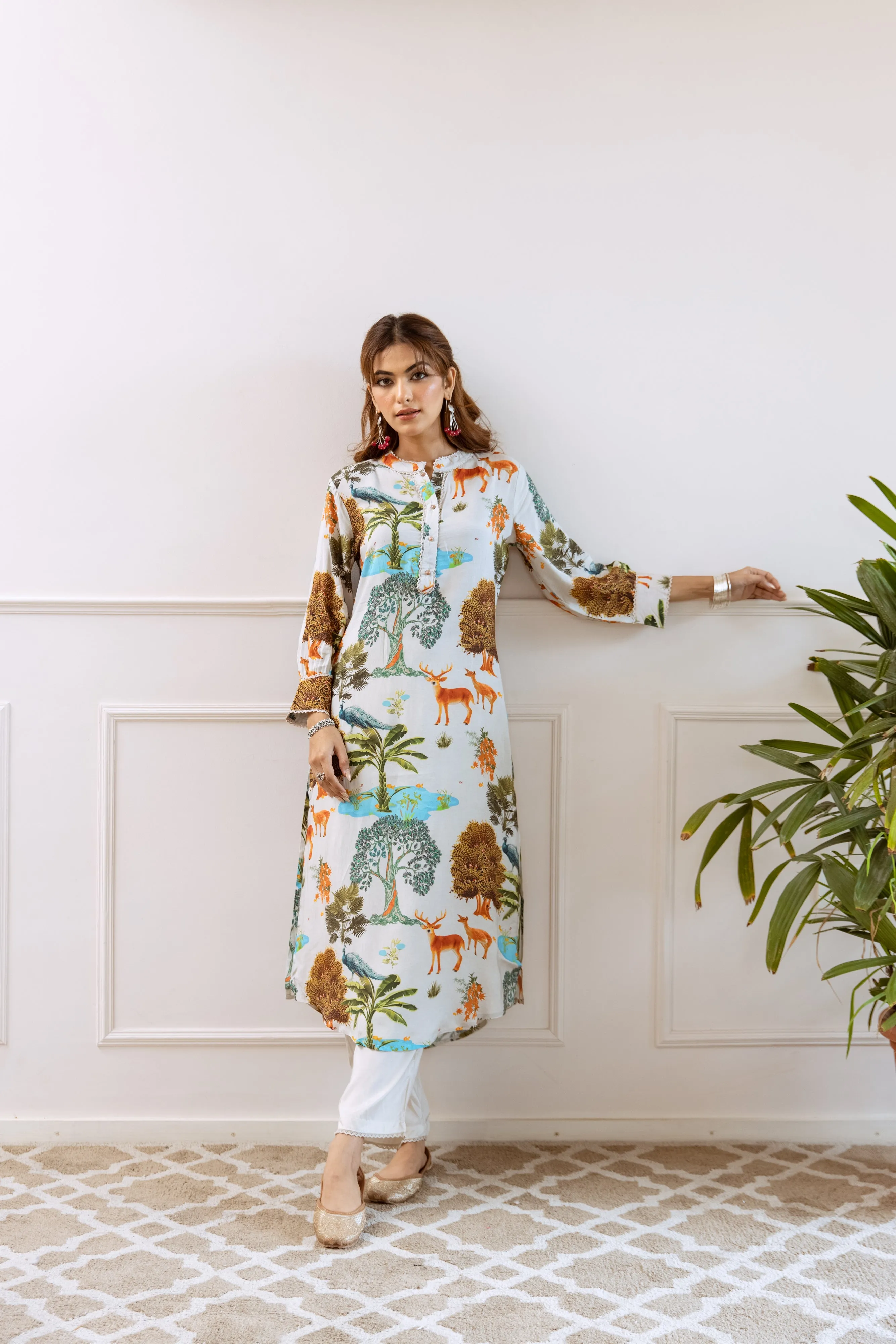 Pale Champagne Printed Spanish Silk Kurta Set