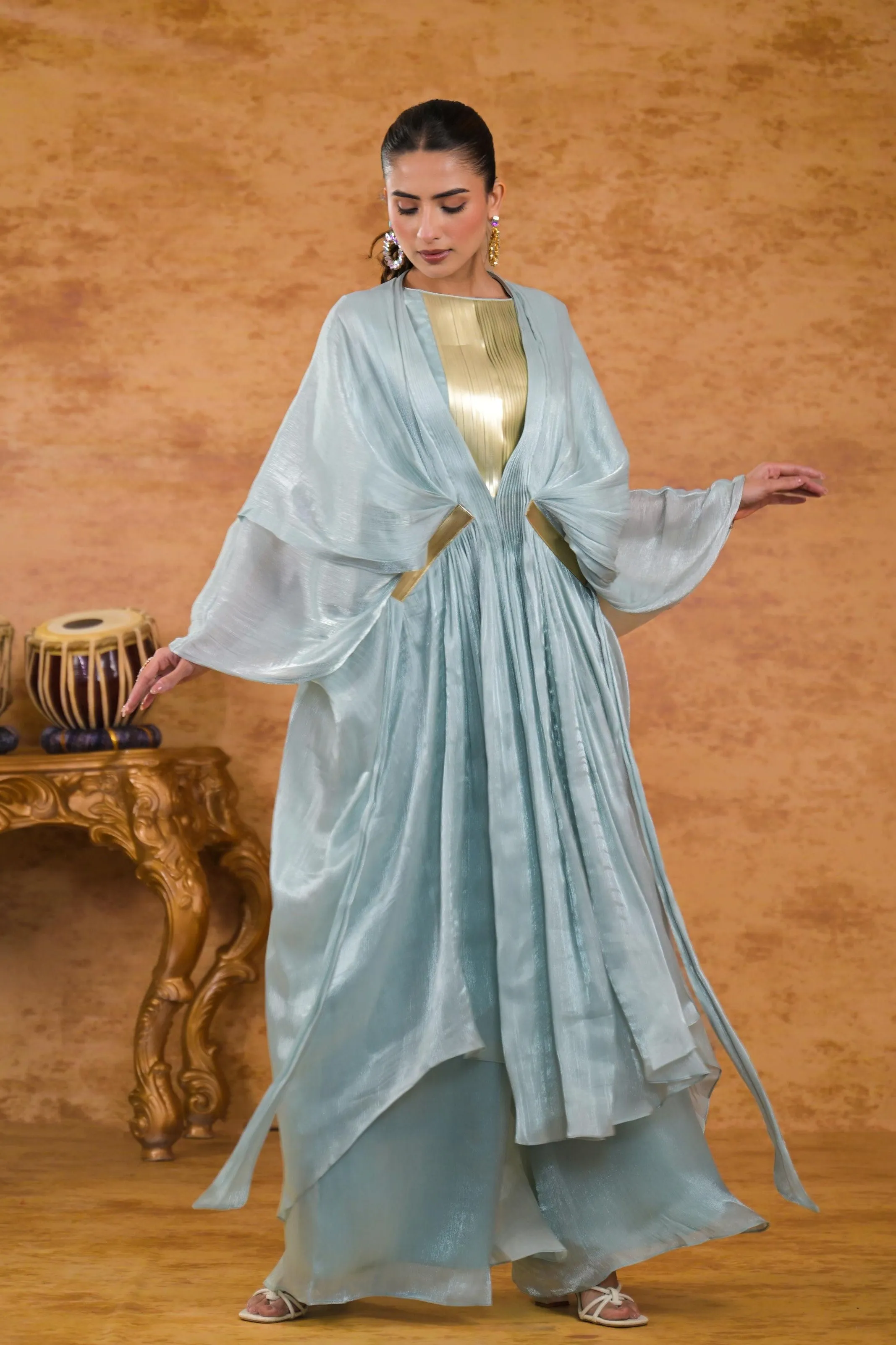 Pale Teal Premium Silk Draped Shrug With Palazzo