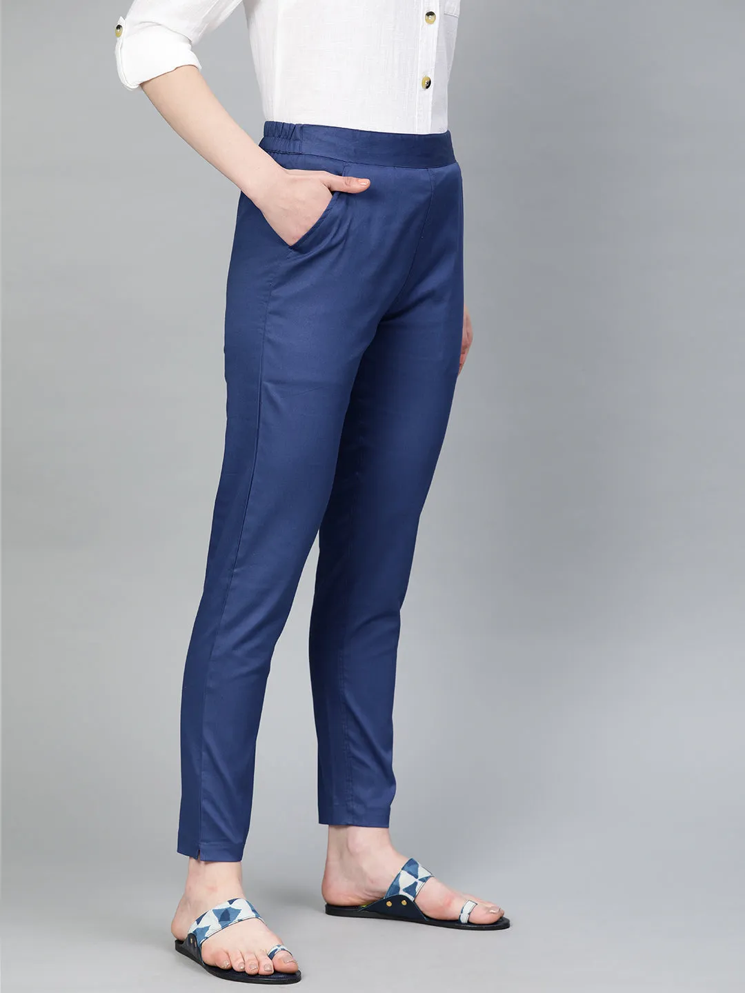 Persian Blue Solid Cotton Lycra Pants