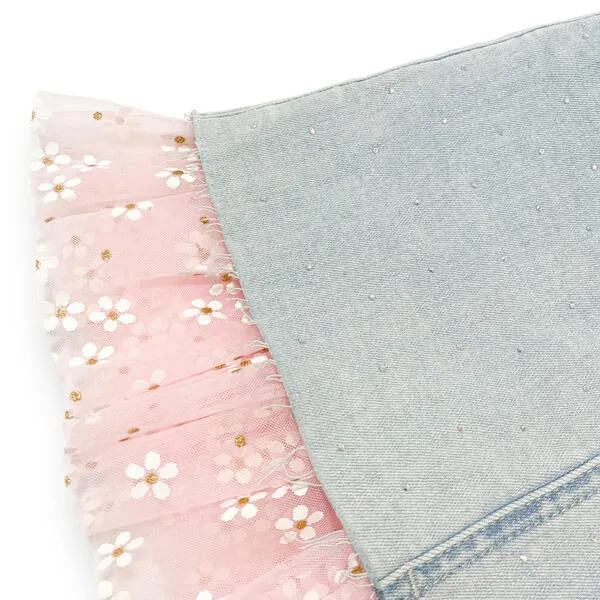 Pink Daisy Mesh Trim Denim Skirt