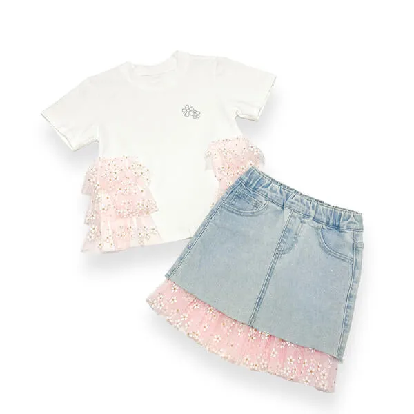 Pink Daisy Mesh Trim Denim Skirt