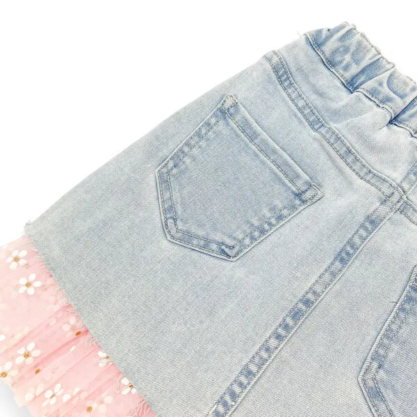 Pink Daisy Mesh Trim Denim Skirt