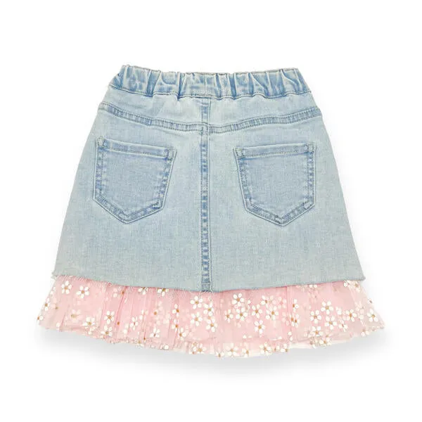 Pink Daisy Mesh Trim Denim Skirt