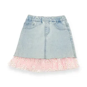 Pink Daisy Mesh Trim Denim Skirt