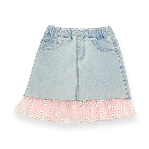 Pink Daisy Mesh Trim Denim Skirt