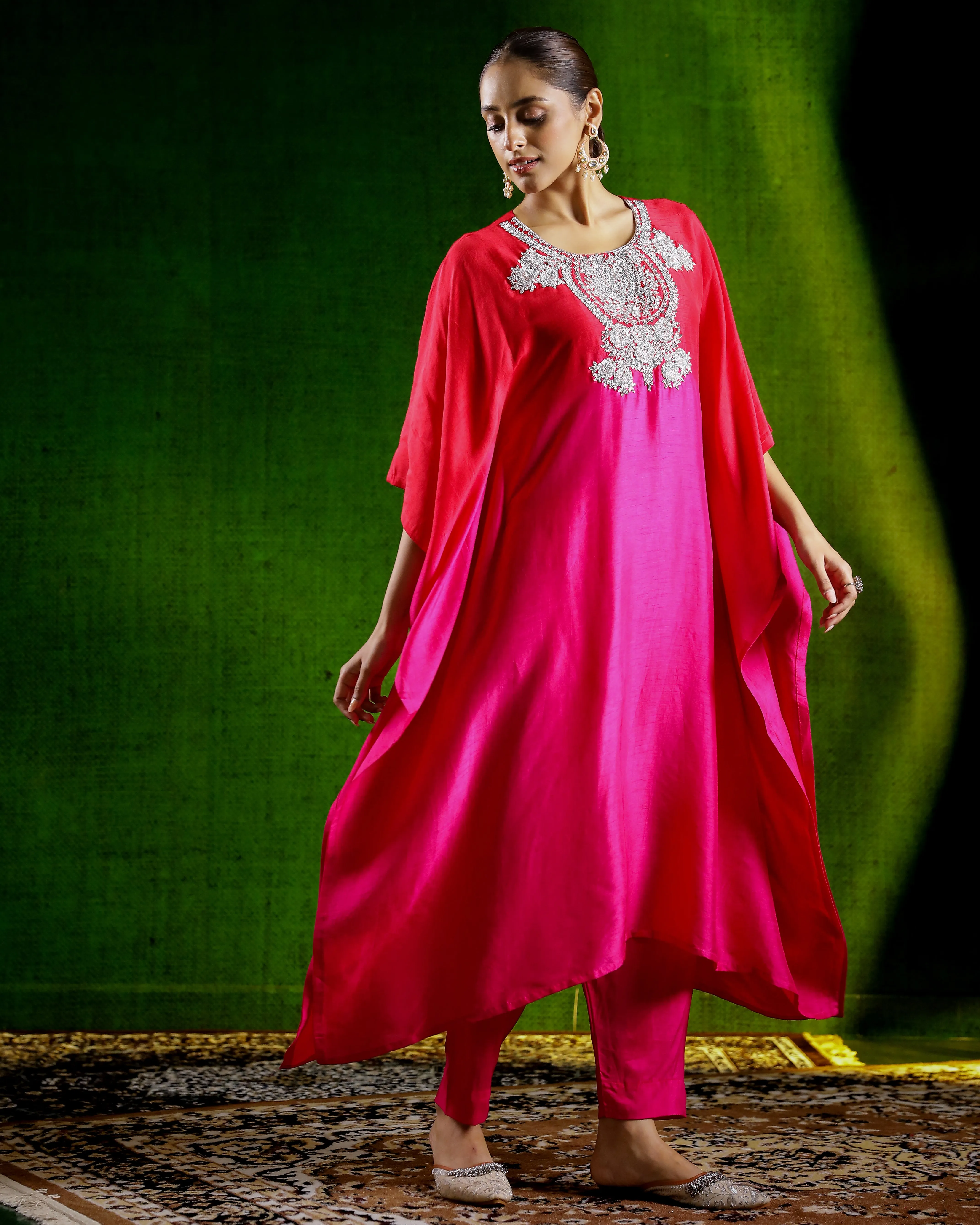 Pink Embellished Raw Silk Kaftan Set