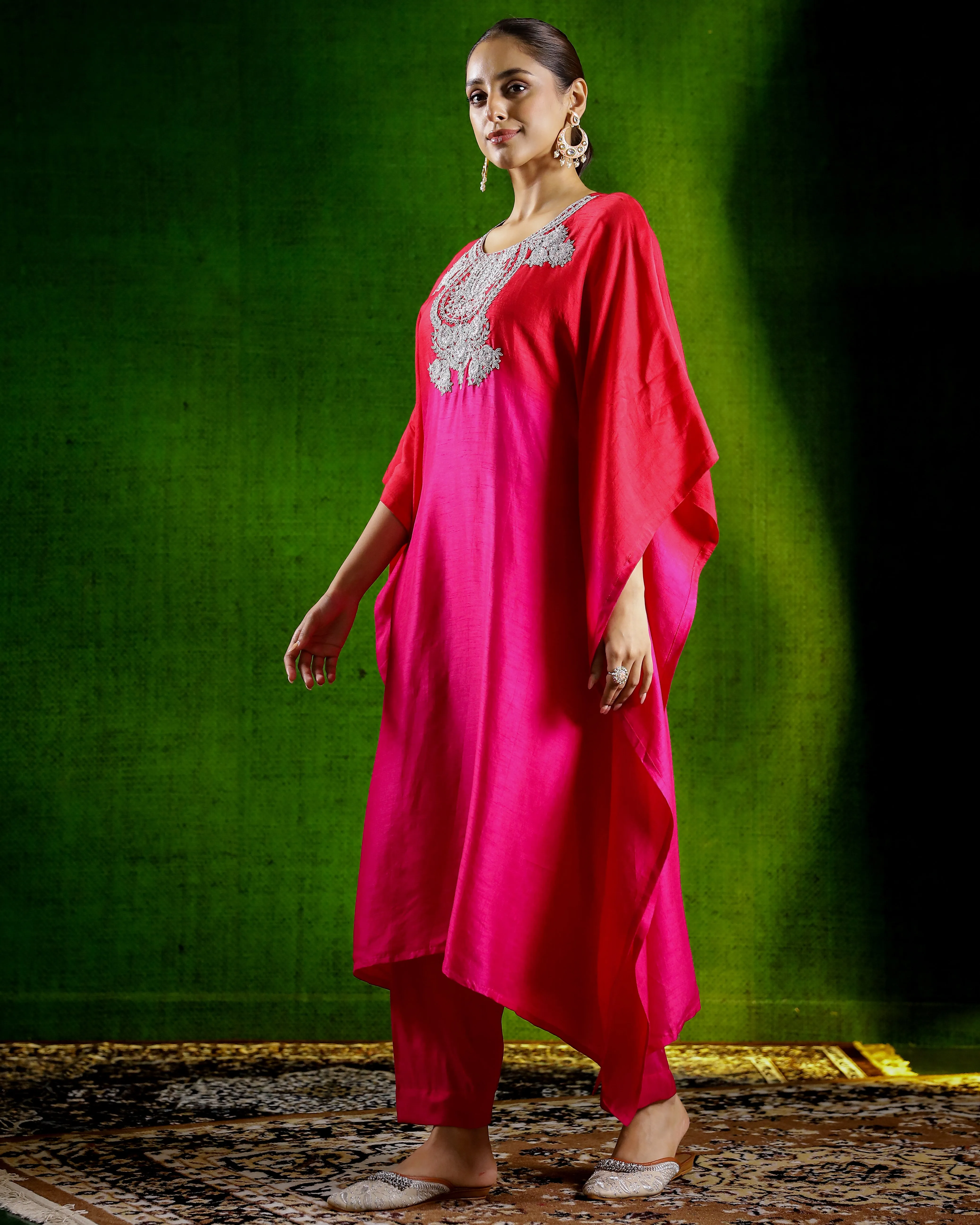 Pink Embellished Raw Silk Kaftan Set