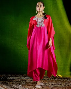 Pink Embellished Raw Silk Kaftan Set