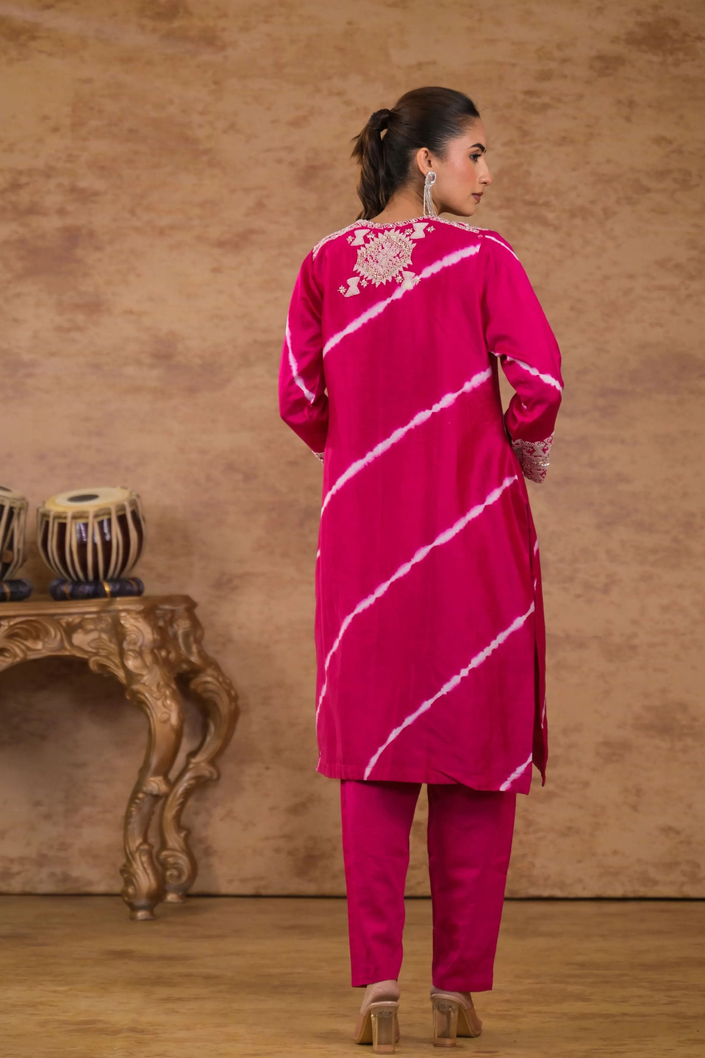 Pink Leheriya Printed Pure Silk Pants Set