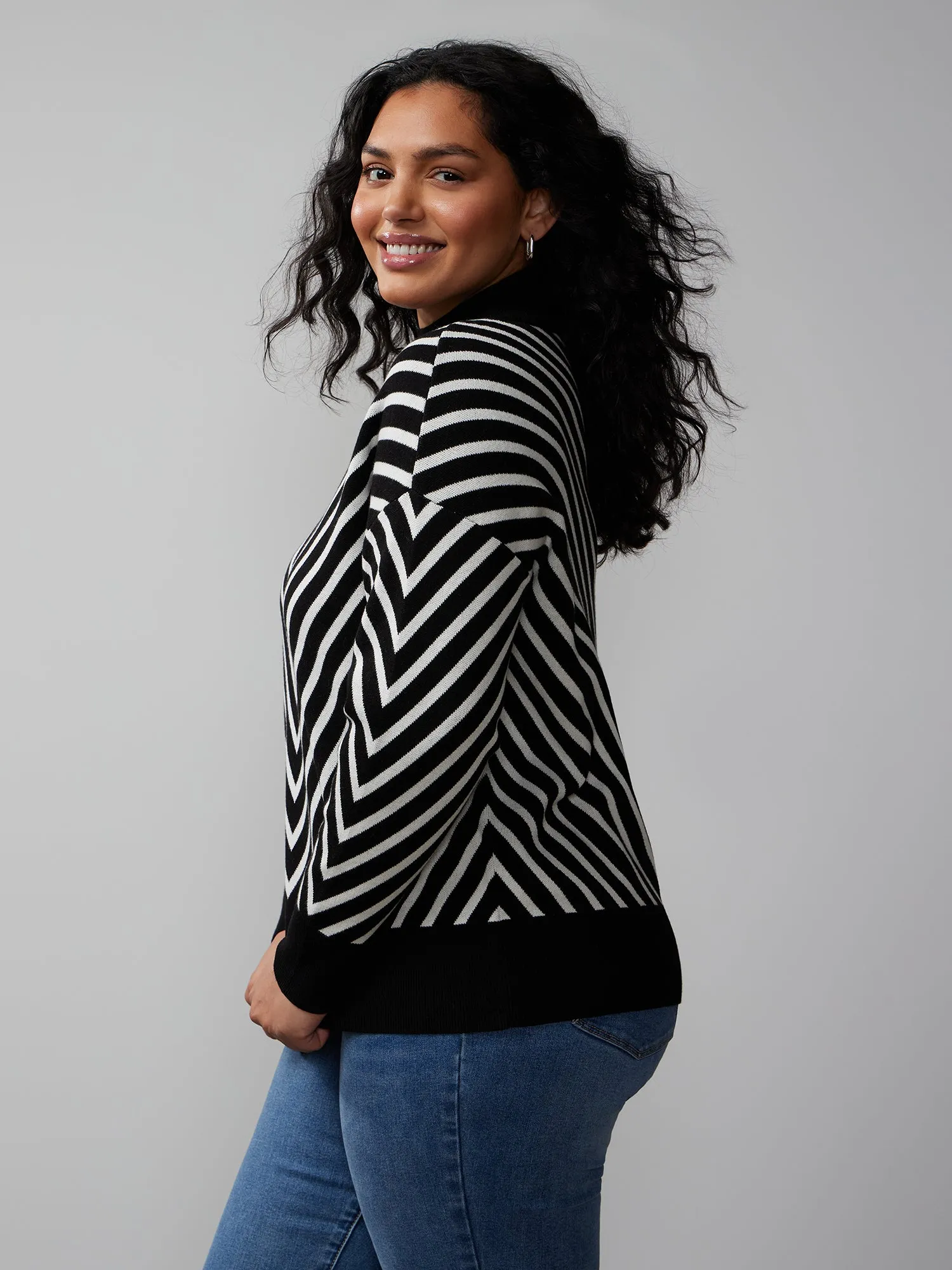 Plus Long Sleeve Chevron Striped Sweater